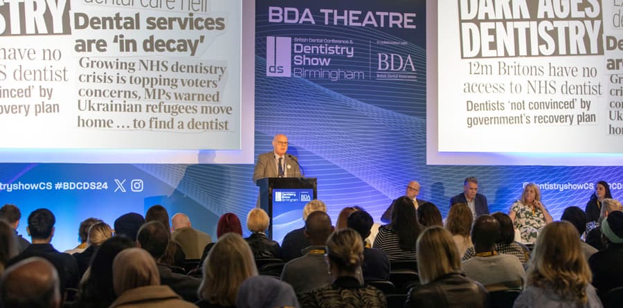Eddie Crouch Conference Speech BDA Chair Eddie Crouch addressing the 2024 British Dental Conference and Dentistry Show