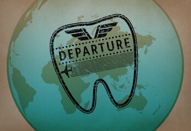 Dental Tourism Web Appetiser Ad 630X433px A globe seen from afar, stamped with a tooth shaped passport like stamp