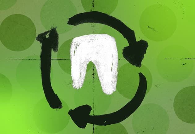 A white tooth on a green background, surrounded by three black arrows forming a recycling logo around it