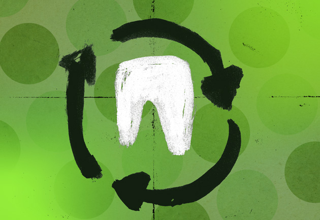Sustainable Dentistry Web Appetiser Ad 630X433px A white tooth on a green background, surrounded by three black arrows forming a recycling logo around it