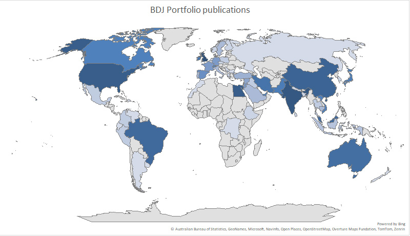 BDJ Portfolio contributions from around the world. Darker shades show higher density of contributions by country. 