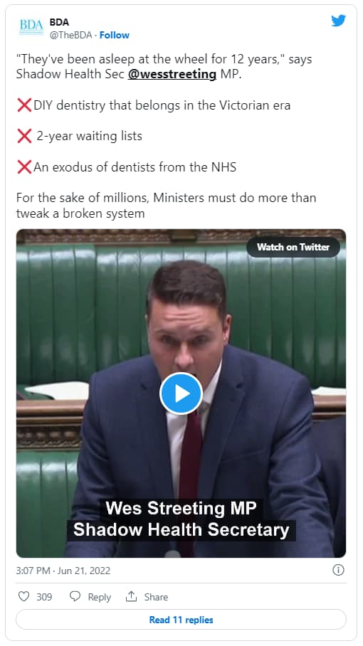 Wes Streeting Tweet A screenshot of a tweet showing Wes Streeting addressing the House of Commons, saying 'DIY dentistry belongs in the Victorian era'
