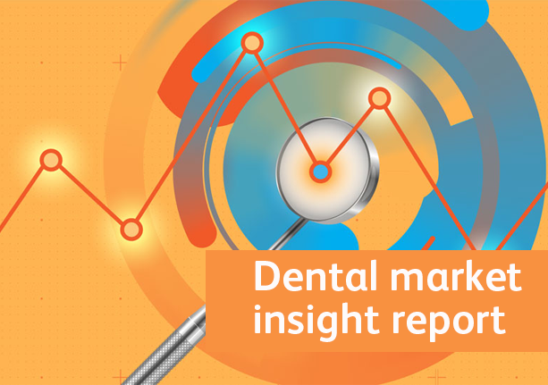 Dental market insight report cover image, featuring an odontoscope and a line portraying a heart beat