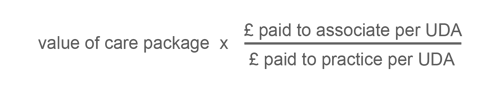 Equation showing the value of care package times pounds paid to associate per UDA divided by pound paid to practice per UDA