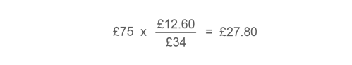 Equation showing £75 times £12.60 divided by £34 equals 327.80
