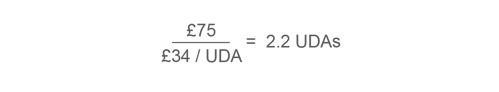 Equation showing £75 divided by £34 a UDA equals 2.2 UDAs
